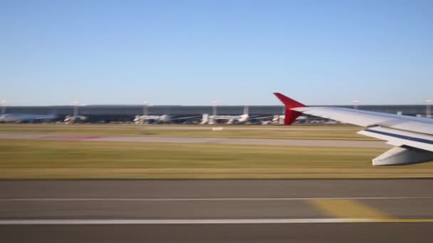 View from inside airplane during takeoff on aerodrome — Stock Video