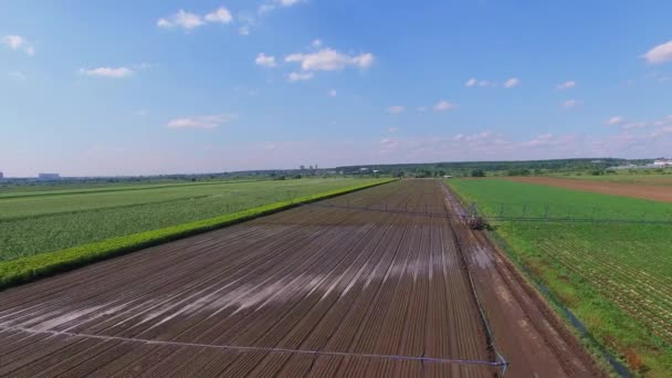Trattore sposta il sistema di versamento attraverso il campo agricolo — Video Stock