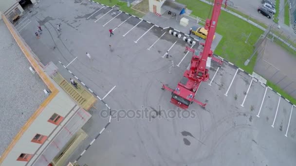 Territory of fire station with fire-crane — Stock Video