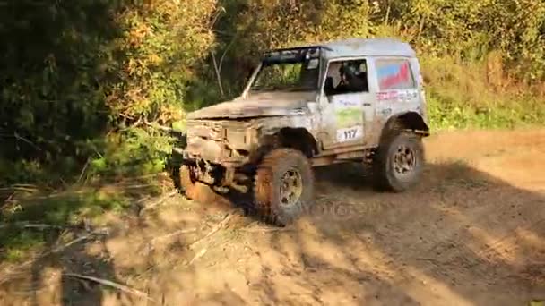 Jipe sujo vai para a floresta em competição off-road — Vídeo de Stock