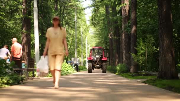 夏季公园的拖拉机和步行人的焦点 — 图库视频影像