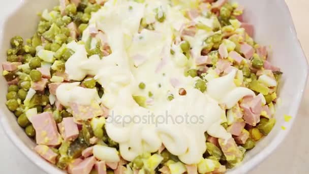 Spoon Mixes Mayonnaise Sauce Green Peas Sausage Salad — Stock Video