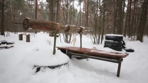 雪に覆われた木の屋外のはらっぱで胸からプッシュ Ups 木製自家製バーベルのブラブラ — ストック動画