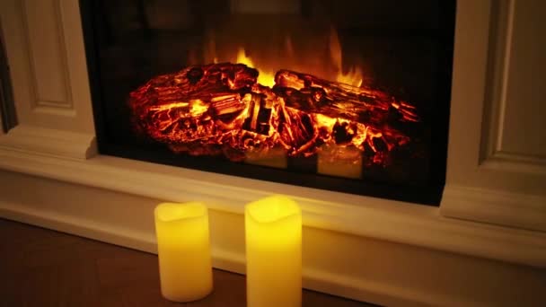 Burning Flame Logs Electric Fireplace Three Candles — Stock Video