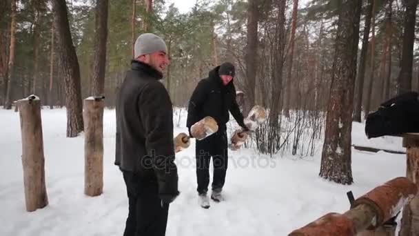 Dwóch Facetów Ubrany Sprawny Rozgrzewka Przed Treningiem Łódź Zimowym Drewnem — Wideo stockowe