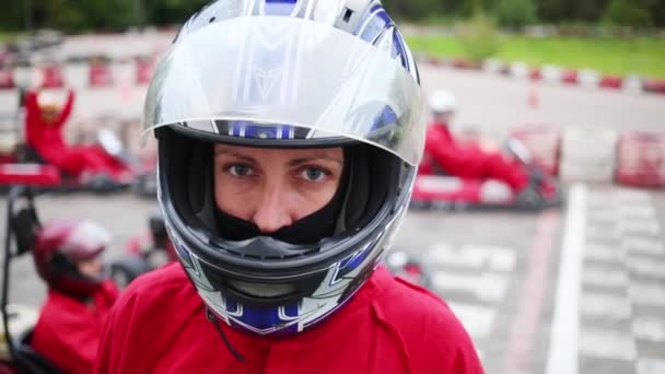 Woman Helmet Small Karts Track Out Focus — Stock Video