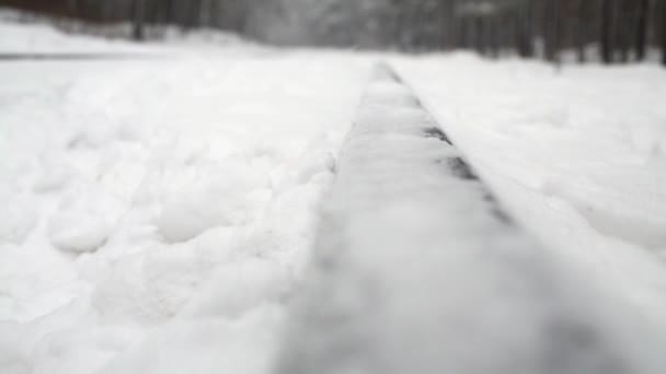 Rail Täckt Med Snö Och Vinter Snöig Skog — Stockvideo