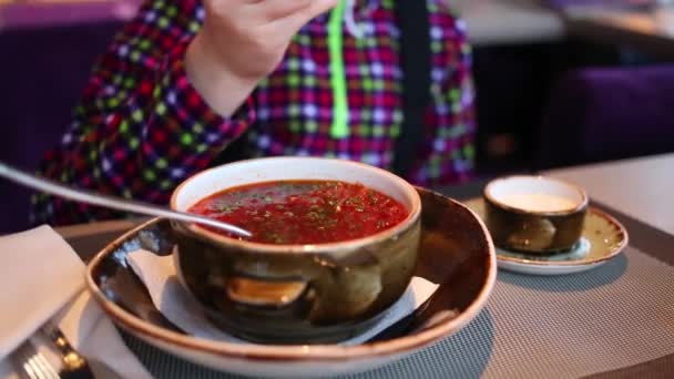 女の子は赤ビーツのスープと大きな茶色ボウルにサワー クリームを置く — ストック動画