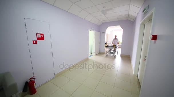 Doctor Moves Empty Stretcher Hospital Corridor — Stock Video