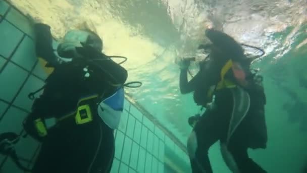 Mädchen Neoprenanzügen Mit Taucherbrille Steigen Schwimmbad Über Wasser — Stockvideo