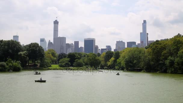 Gente Monta Botes Remos Junto Estanque Central Park Ciudad Nueva — Vídeo de stock