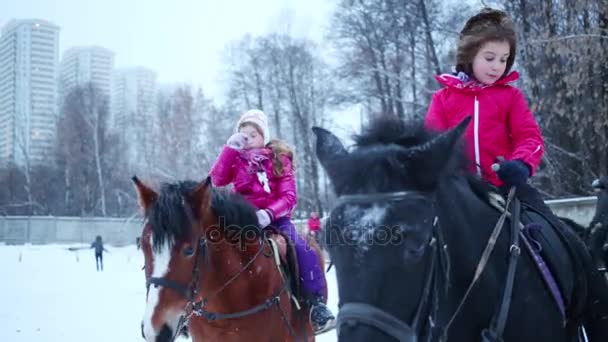 Duas Meninas Sentam Cavalos Durante Queda Neve Dia Inverno — Vídeo de Stock