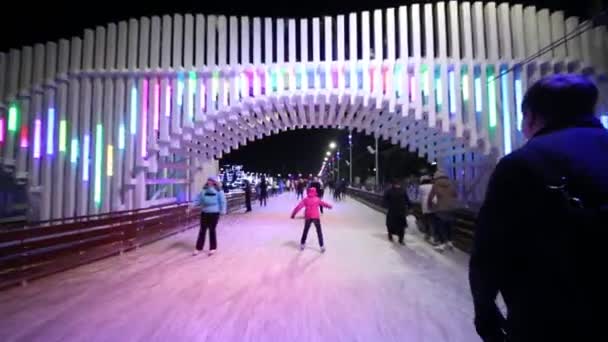 モスクワ ロシア連邦 2014 スライド Vdnkh 夜に照らされたアーチの下のスケートのパスに沿って — ストック動画