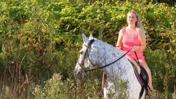 Kobieta Skrócie Różowy Sukienka Okrakiem Jazda Pięknym Białym Koniu — Wideo stockowe