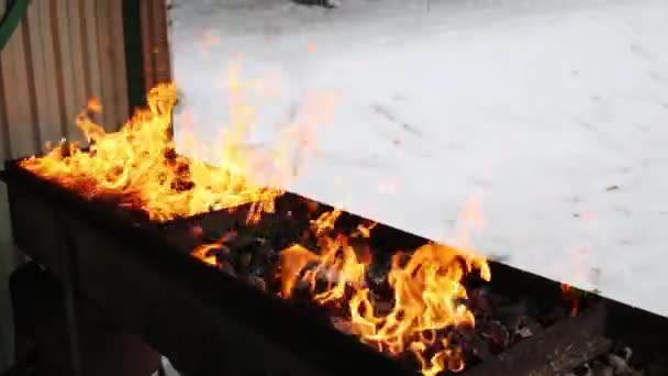 Holzkohlefeuer Zum Grillen Winter Handwässern Von Kohle Durch Brennbare Flüssigkeit — Stockvideo