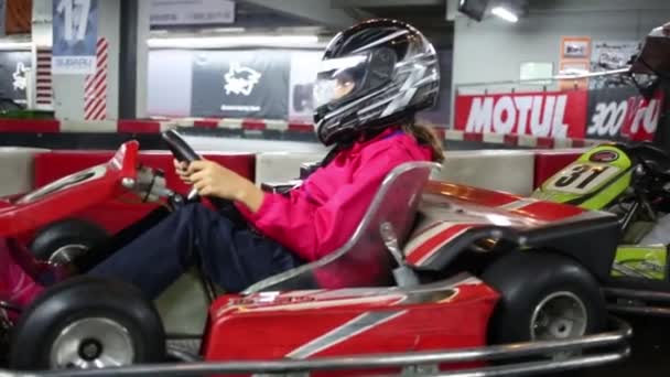 Moscow Aug 2015 Girl Boy Karts Rrt Kart Modern Playground — Stock Video