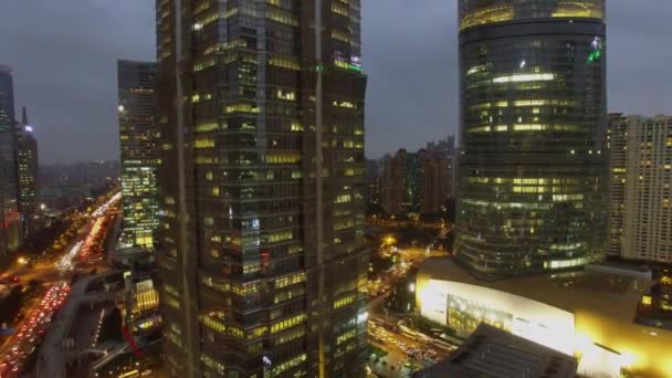 Shanghai Nov 2015 City Panorama Transport Traffic Skyscrapers Evening Aerial — Stock Video