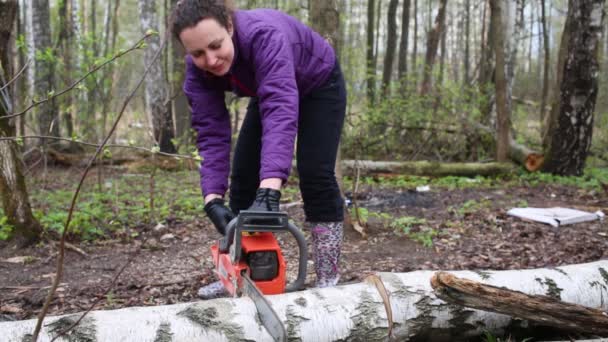 Woman Gently Sawing Birch Tree Using Chainsaw Grove — Stock Video