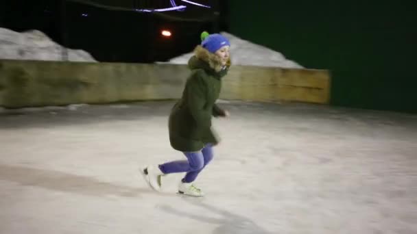 Girl Teen Skates Runs Dances Ice Rink Winter Night — Stock Video