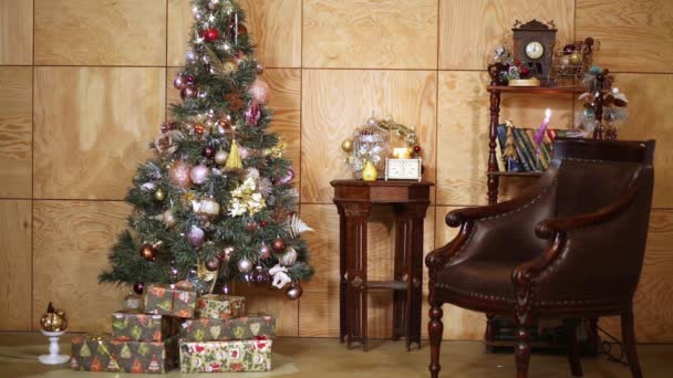 Interior Room Firtree Decorated Christmas Holidays Changing Light — Stock Video