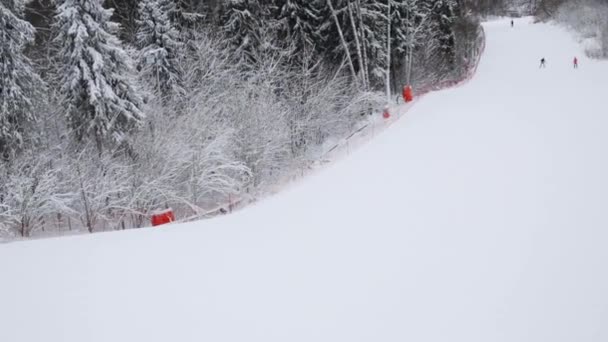 겨울 날에 트랙에 스키 슬로프에 내려 스키어 — 비디오