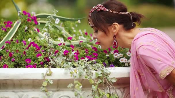 Kobiety Sari Różowe Pachnące Petunii Flowerbed Parku Dotykając Rąk — Wideo stockowe