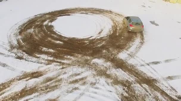 Car Driving Exercise Snow Winter Day Aerial View — Stock Video