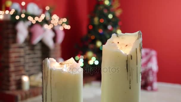 Close View Candles Christmas Tree Out Focus — Stock Video