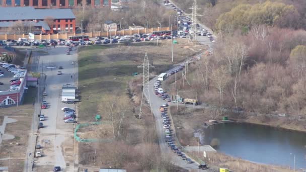 Large Traffic Jam Crossroads Forest Top View — Stock Video