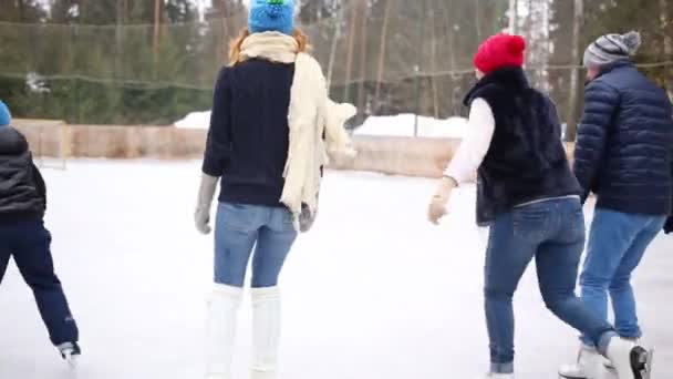 Anya Apa Lánya Fia Korcsolyázni Télen Jégpálya — Stock videók