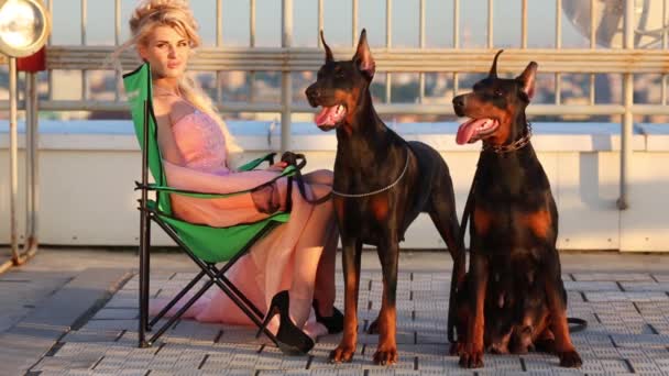 Mooie Blonde Vrouw Zittend Groen Klapstoel Buurt Van Twee Doberman — Stockvideo