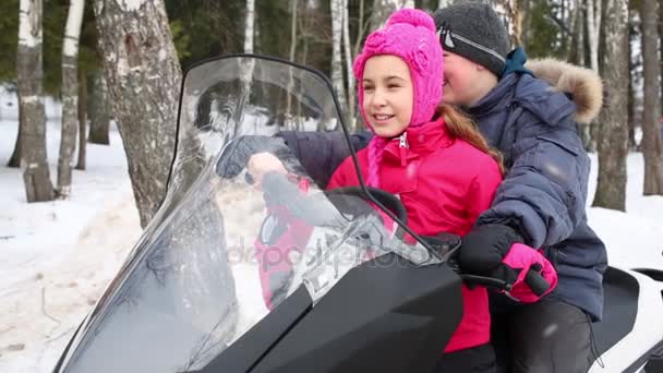 Sister Brother Sit Snowmobile Winter Day — Stock Video