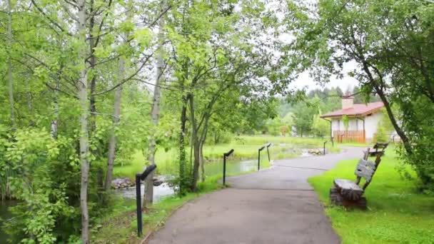 Hermoso Jardín Verano Con Arroyo Pasarela Casa — Vídeos de Stock