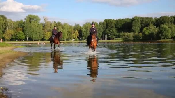 Moscow Ago 2015 Policiais Cavalos Lagoa Putyaevsky Patrulhas Especiais Esquadrão — Vídeo de Stock