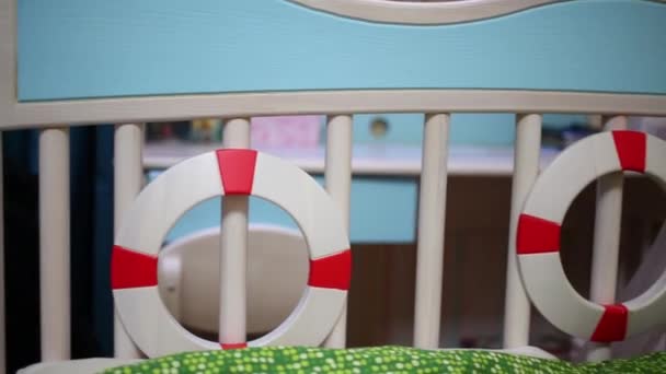 Close Headboard Children Bed Wooden Lifebuoys — Stock Video