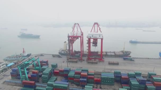 2015年11月07日 张华的集装箱码头 Hanghan 河岸边 有高大的起重机和船 鸟瞰图 — 图库视频影像