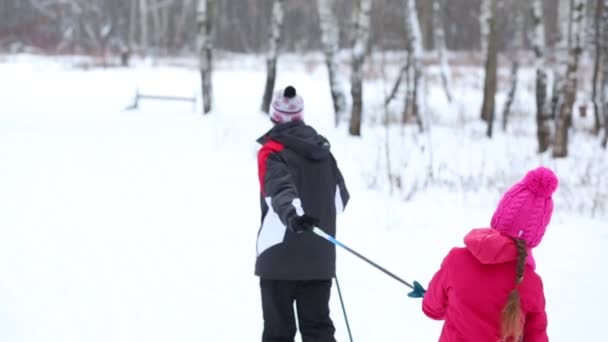 一个成人和三个孩子去滑雪在链子在冬天雪天 — 图库视频影像