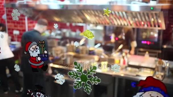 Christmas Decorations Glass Restaurant Working People Out Focus — Stock Video