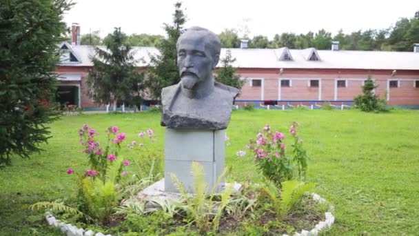 Памятник Пьедестале Зеленой Лужайке Рядом Зданием Летом — стоковое видео