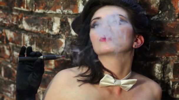 Beautiful Woman Bow Tie Gloves Smokes Indoor — Stock Video