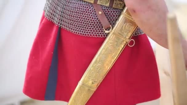 Łańcuch Zbroi Pas Herbami Pochwą Wygrawerowanym Rzymskiego Wojownika Zbliżenie — Wideo stockowe