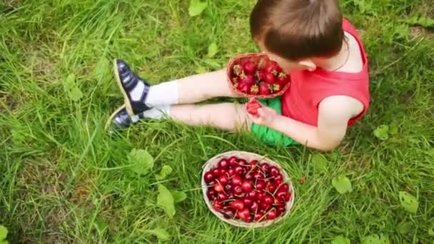 Kleiner Junge Sitzt Auf Grünem Gras Und Isst Erdbeeren — Stockvideo