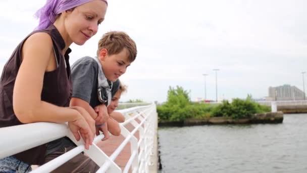 手すりに寄りかかって堤防上に立つ三人の家族 — ストック動画