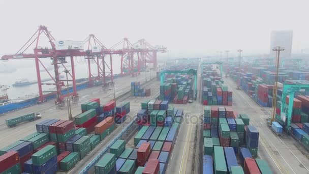 Shanghai Nov 2015 Zhanghuabang Container Terminal Con Embarcación Amarradero Cerca — Vídeo de stock