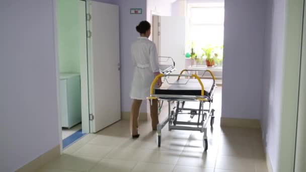 Doktor Hastane Koridorda Sedye Yanında Olduğunu — Stok video