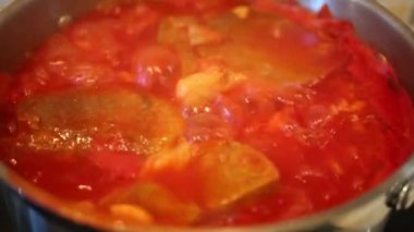 Kırmızı yakın borsch çorbası mutfakta tavada pişmiş