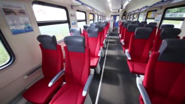 Moskova, Rusya - 9 Temmuz 2015: İç Aeroexpress tren boş bir vagon. Aeroexpress sermaye ve Moskova Havacılık Hub havaalanları arasında bir demiryolu bağlantı sağlar