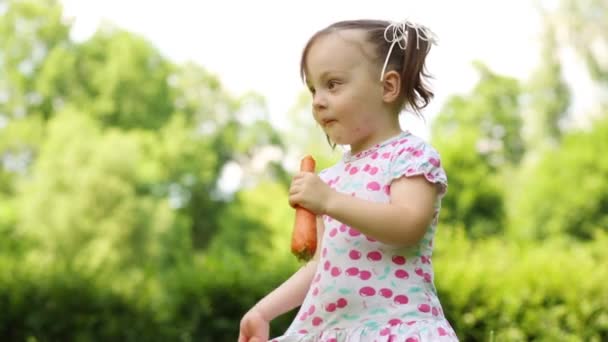 ドレスの少女は 夏の公園で大きなニンジンを食べる — ストック動画