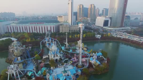 Seoul 2015 Megalopolis Mit Lotte World Amusepark Herbstabend Luftbild — Stockvideo