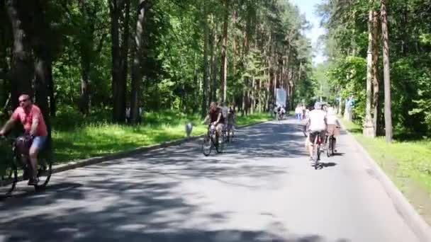 Moscú Junio 2015 Camino Asfalto Parque Con Ciclistas Peatones Parque — Vídeo de stock